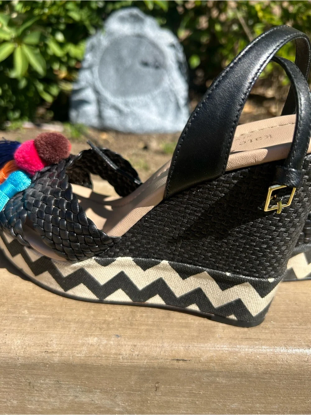 Kate Spade Black Woven Espadrille Wedge Sandals with Multicolor Tassels